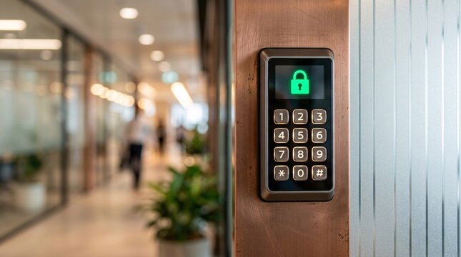 Close up macro shot of an electronic security keypad mounted on an office door shows a glowing green padlock indicating granted access status.