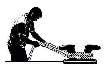 Dock worker silhouette securing a large rope to bolards on a pier © graphixarrow