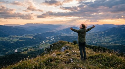 Obraz premium Woman with arms outstretched on mountain peak at sunset enjoying breathtaking panoramic view of valley and river