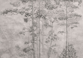 forest of pencils, fresco, wallpaper, mural, birds, pine © ARtfoli
