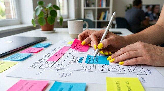 Creative designer hands holding a sleek silver stylus pen map out website wireframes using bright sticky notes on large printed paper plans.