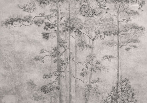 forest of pencils, fresco, wallpaper, mural, birds, pine