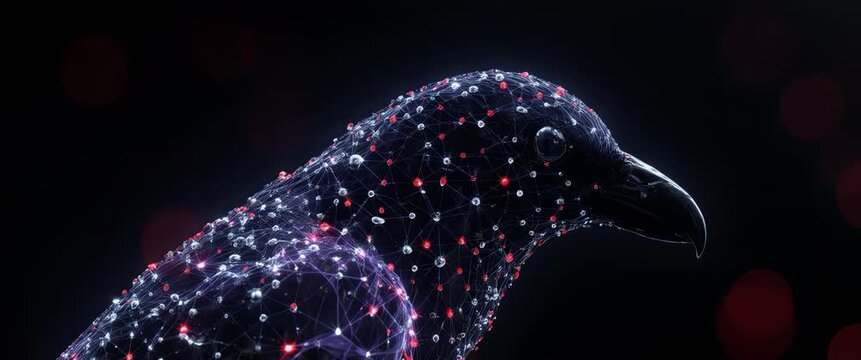 Mystical Raven Bird Silhouette in Futuristic 3D Molecular Form