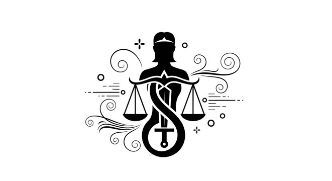 Minimalist Black Silhouette of Lady Justice Holding Scales and Sword.