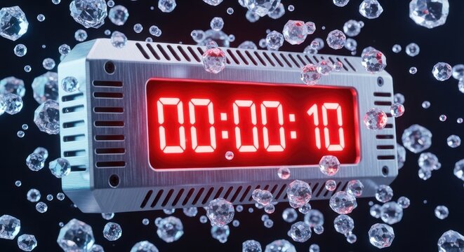 Countdown timer, digital clock, red display, futuristic design, bubbles