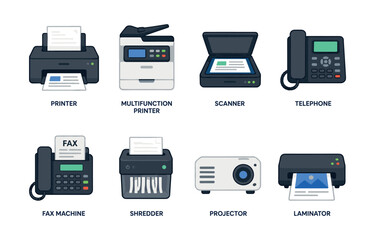 Fototapeta premium Collection of office equipment icons for business and technology concepts