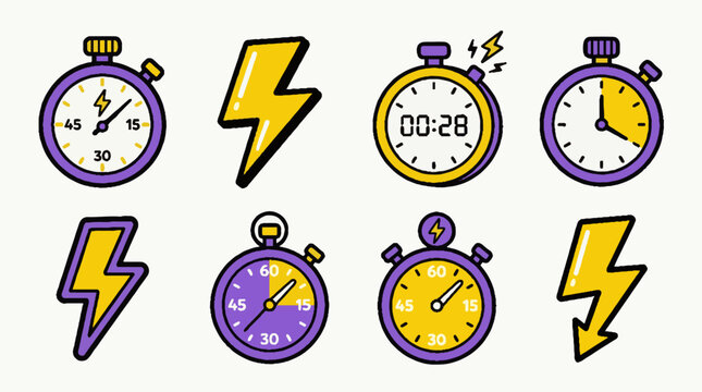 Set of cartoon stopwatch and lightning bolt icons representing speed and time management.
