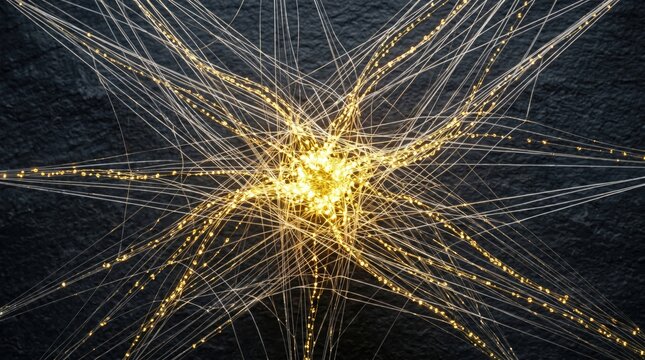 Golden light radiates from a central point through a complex web of glowing, interconnected filaments.