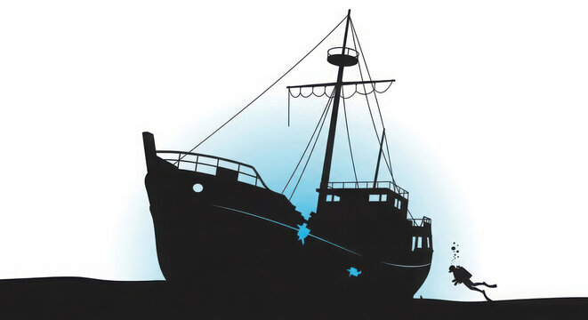 Scuba diver exploring sunken shipwreck underwater