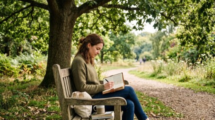Fototapeta premium Young woman sitting on a park bench writing in a journal surrounded by lush green trees and foliage on a sunny day