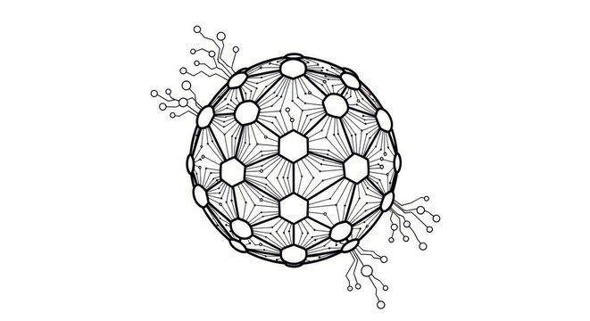 Buckminsterfullerene molecule, C60, fullerene structure, molecular model, chemistry illustration