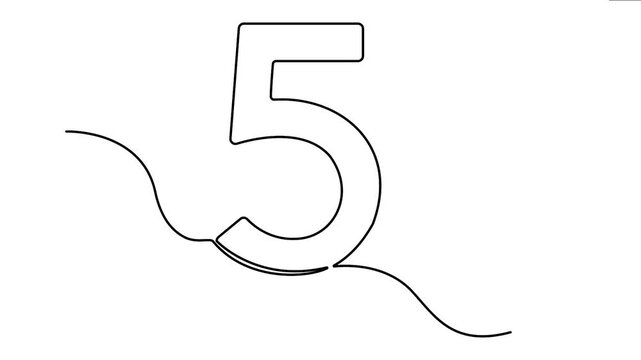 Continuous line art of number five drawing animation on white background design element footage
