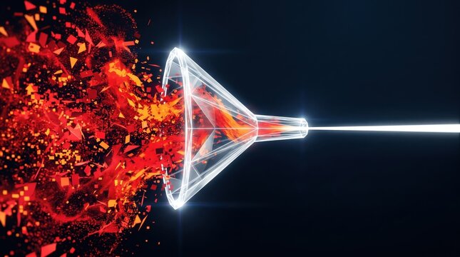 Abstract funnel acts as a conduit for a fiery explosion of orange and red embers as they are drawn into a focused beam of light.
