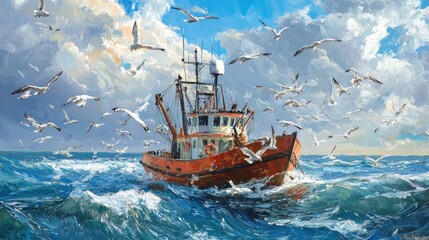 Obraz premium Fishing vessel navigating choppy seas, surrounded by seagulls. Vast ocean expanse, cloudy sky