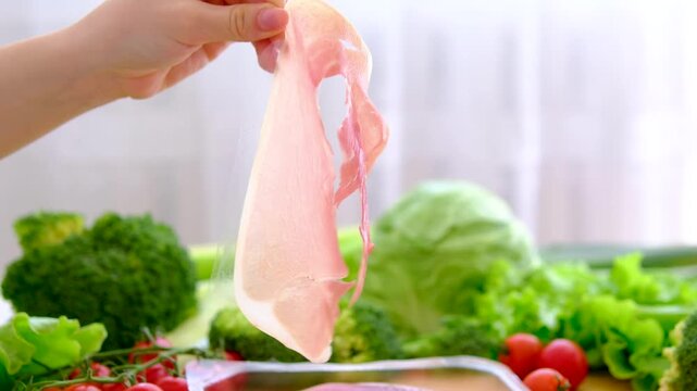 female hand holding prosciutto on kitchen background delicious thin slice