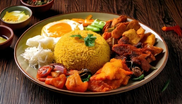 Delicious Nasi Lemak Meal with Fried Egg and Chicken.
