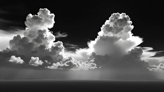 Dramatic monochrome landscape with towering cloud formations and sun rays piercing through the atmospheric layers