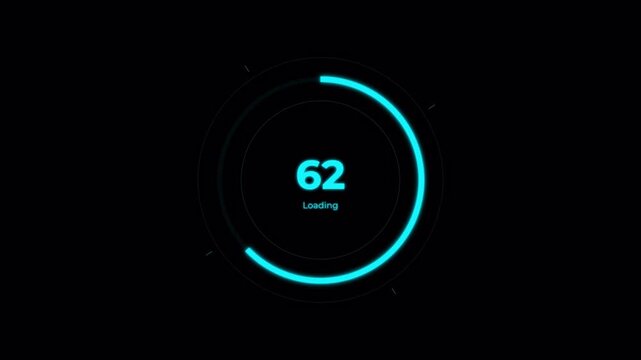 Cyan digital loading ring with glitchy distortion effects and numeric counter, sci-fi HUD interface 4k video