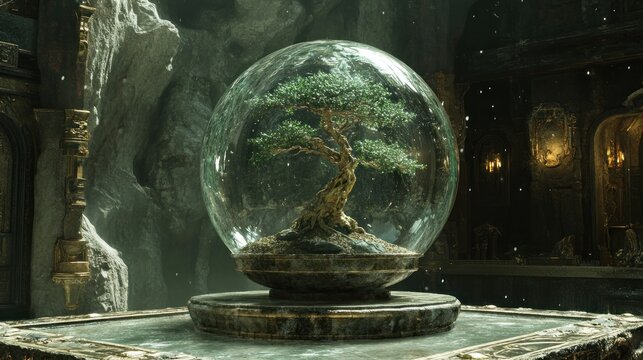 Crystal orb with bonsai tree, mystical interior