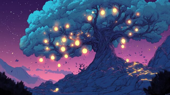 Mystical glowing tree at night.  Vast, luminous tree with lights hanging from branches.  Rocky landscape under starry sky