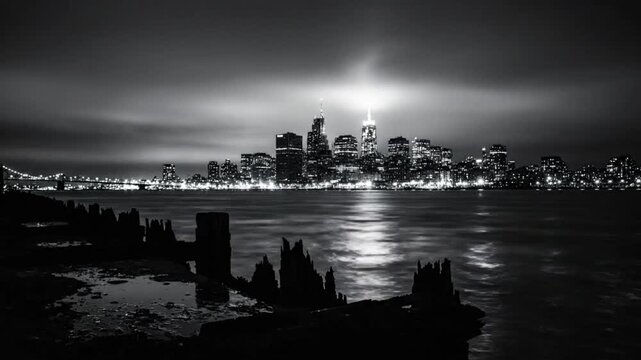 Black and white cityscape view of New York City skyline at night with water reflection and old pilings in the foreground