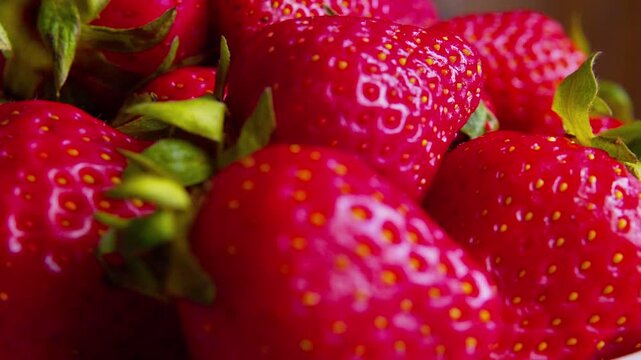 Macro close-up of ripe strawberries. Shallow depth of field, natural light. Vibrant red texture. Perfect for food advertising, healthy nutrition, organic diet and dessert.