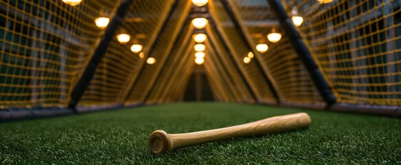 Fototapeta premium Indoor baseball practice tunnel with bat on artificial turf and protective netting for focused training.