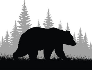 Black bear walking in a forest with trees silhouette isolated on transparent background, isolated on white background, Vector © Faozia_Akter_Tasnim