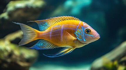 Obraz premium Vibrant fish in aquarium. Detailed view of a colorful fish swimming in a tank. Finely detailed scales and colors create a striking visual