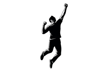 Energetic silhouette of a young man jumping with arms raised in exuberant celebration © graphixarrow