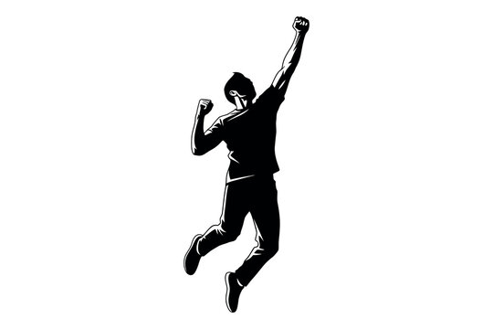 Energetic silhouette of a young man jumping with arms raised in exuberant celebration