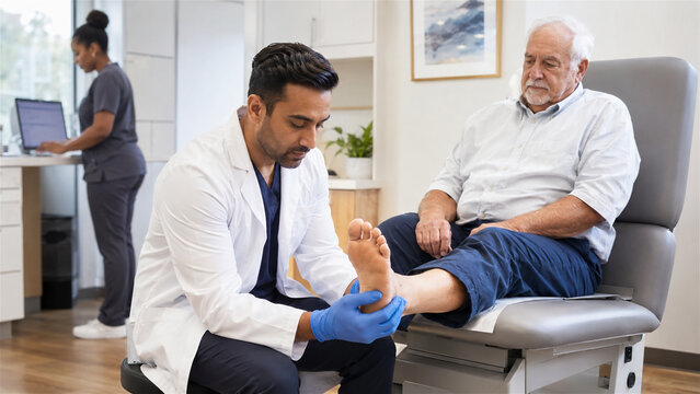 podiatrist examining foot of senior man in medical clinic office. Doctor performing physical checkup on patient in exam chair. Healthcare professional providing foot care and treatment