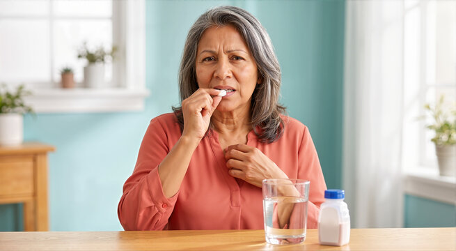 Senior Latina woman taking antacid pill for heartburn at home. Elderly female with chest pain holding medication and glass of water. Senior people healthcare concept
