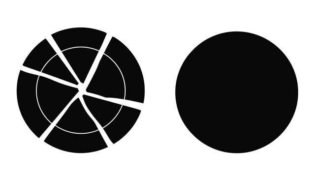 Circular divided shape and solid circle black silhouette