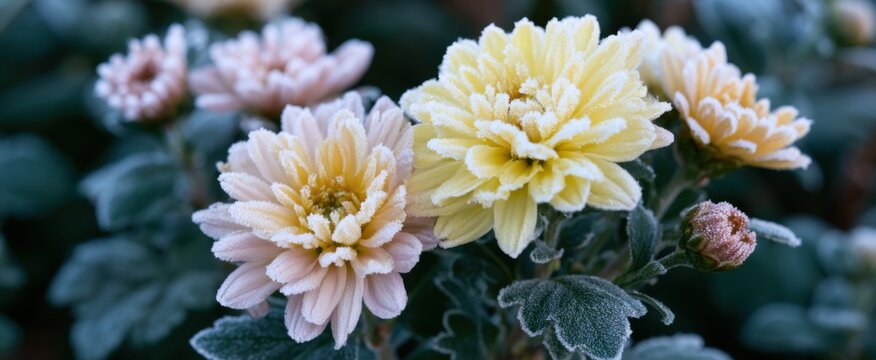 Early autumn frost covers chrysanthemum blooms and foliage in garden patch, October frost on flowers during unexpected cold snap. Natural background