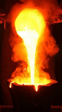 Hot molten metal pouring into mold in dark industrial foundry
