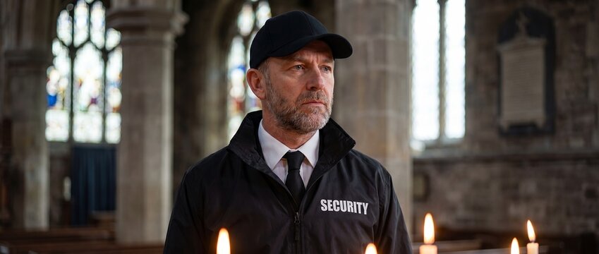 Stoic male security guard a monitoring the inside of a historic cathedral with candles