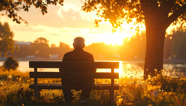 Lonely Man Watching Sunset on Park Bench