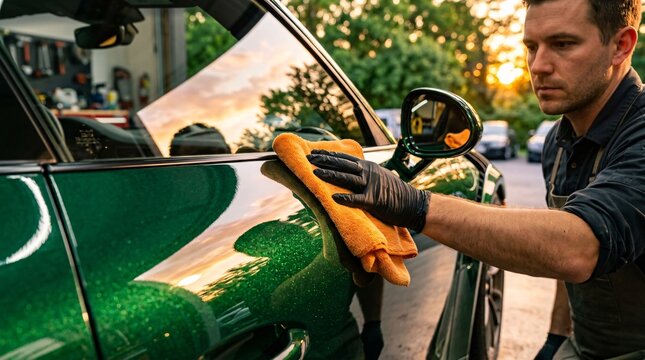 Professional auto detailer carefully buffs the exterior door panel of an emerald green luxury sports car using a plush bright orange towel.