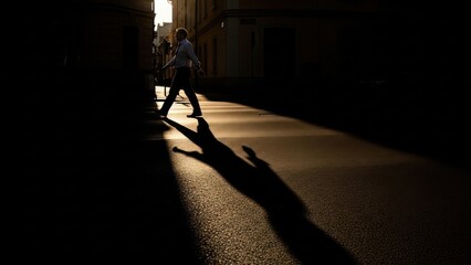 Fototapeta premium Silhouette of a person walking in sunlight casting a dramatic shadow