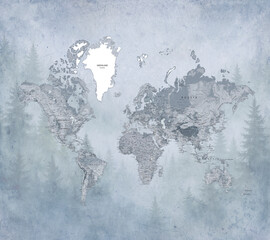 world map in blue on a forest background, mural, fresco, wallpaper © ARtfoli