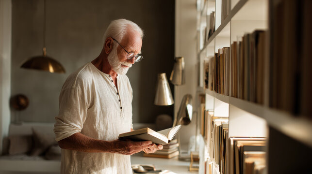 Senior man enjoying a book in a cozy library setting. An elderly man with a white beard reads a book in a well-lit library, surrounded by bookshelves, enjoying his leisure time.