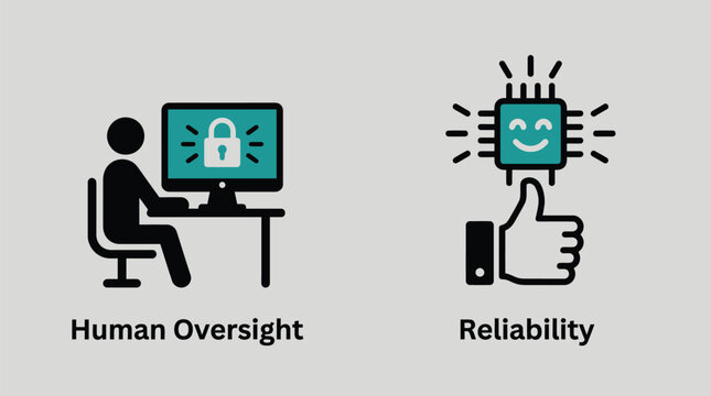 Vector graphic illustration Security and reliability icons with human oversight