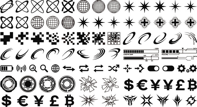 Retro futuristic y2k graphic element mega pack featuring brutalist icons cyber metallic stars pixel art shapes and currency symbols vector illustration