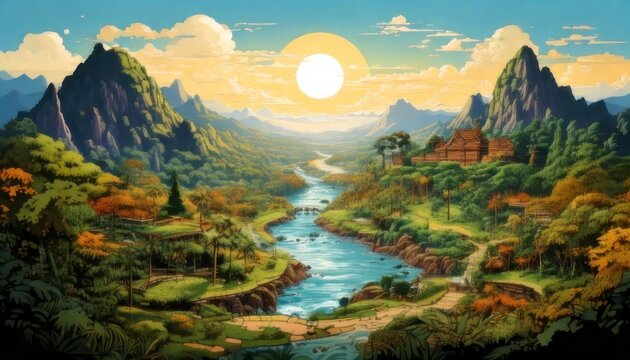 Lush Mountain Valley Landscape with River and Bright Sun.