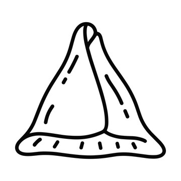 Classic triangular samosa snack outline icon for indian cuisine menu design featuring clean vector line art on isolated white background