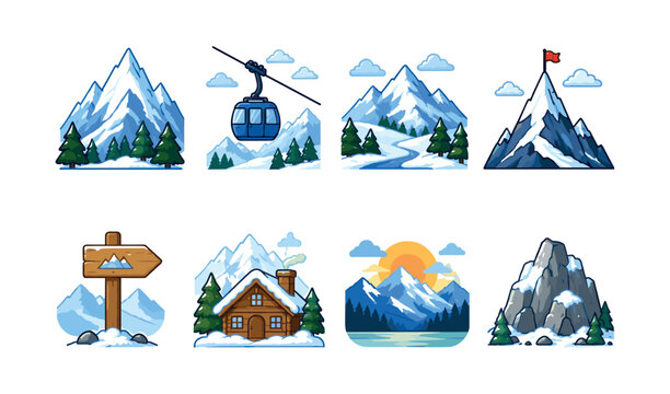 Collection of winter mountain landscape icons with ski lift and cabin