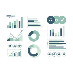 Obraz premium Modern infographic vector set with professional business charts and data visualization elements. Teal and green financial dashboard graphics, bar graphs and circular donut diagrams.