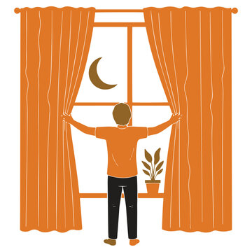 man opening orange curtains at night revealing full moon through window with potted plant