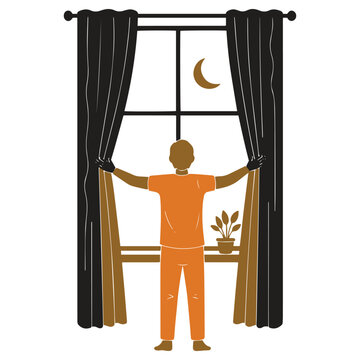 man opening dark green curtains to reveal moonlit night sky with minimalist indoor plant